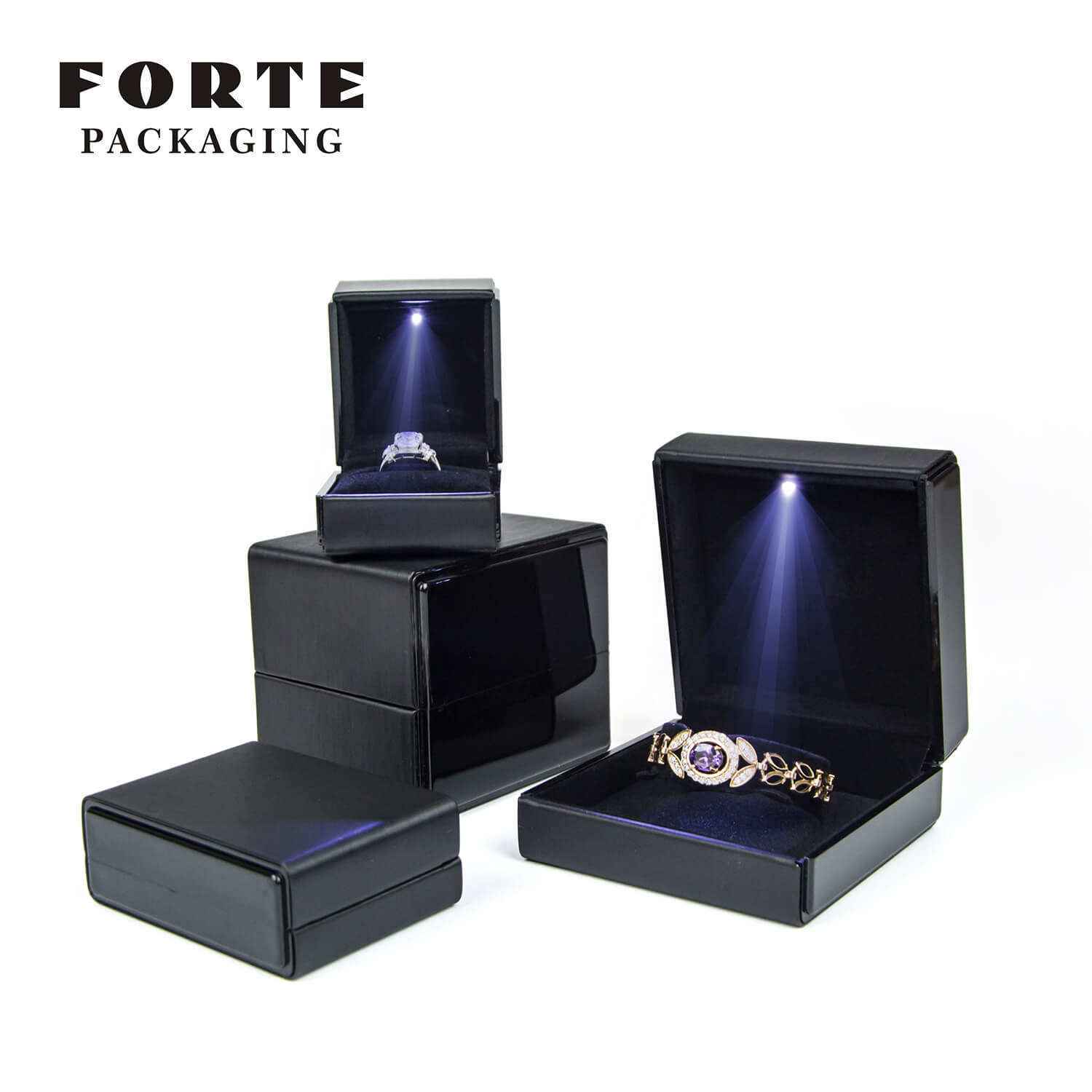 FORTE black piano lacquer LED light box ring pendant watch Jewelry Packaging 