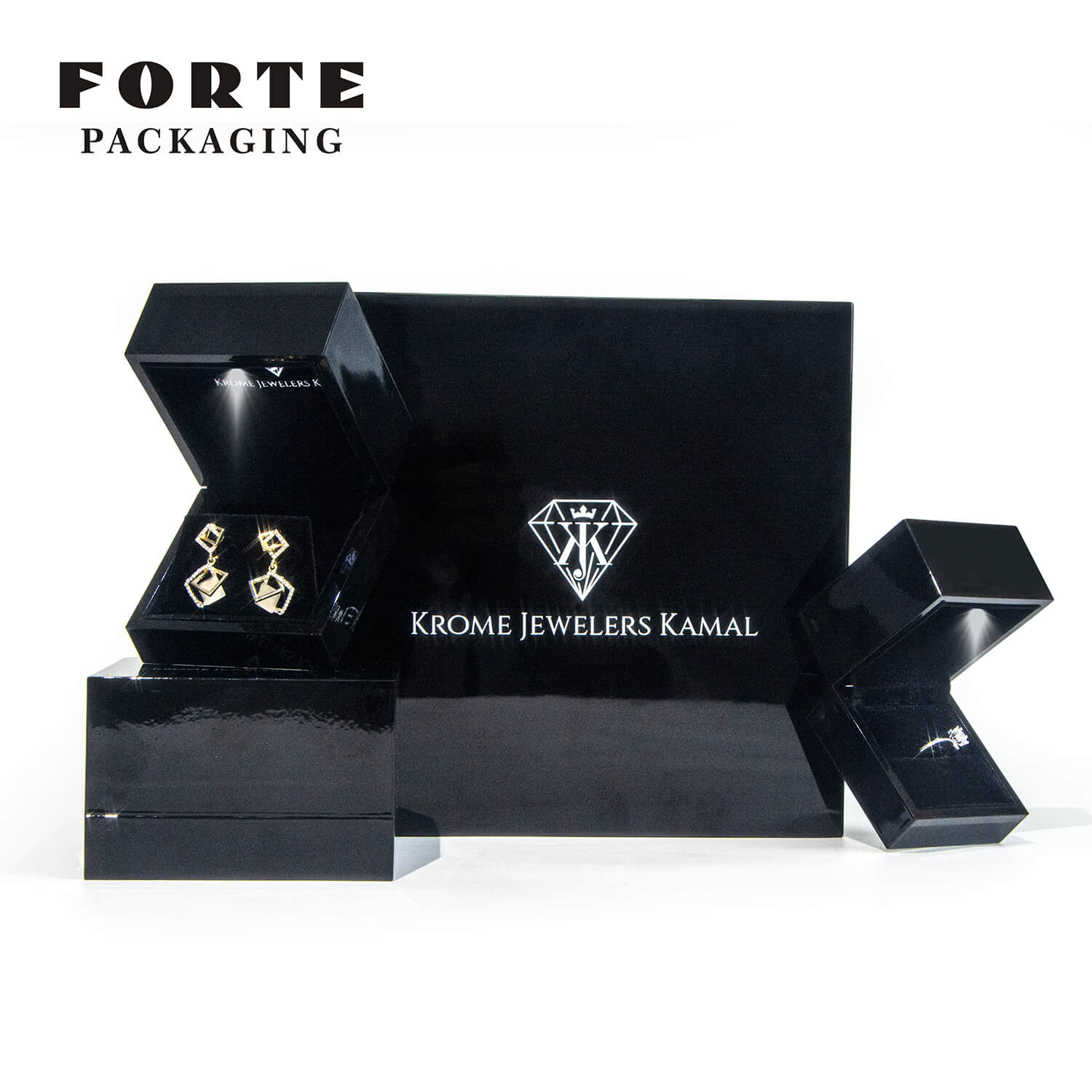 Forte Newest design black shiny Piano lacquer painting LED jewelry packaging box custom logo printed ring storage box with LED light