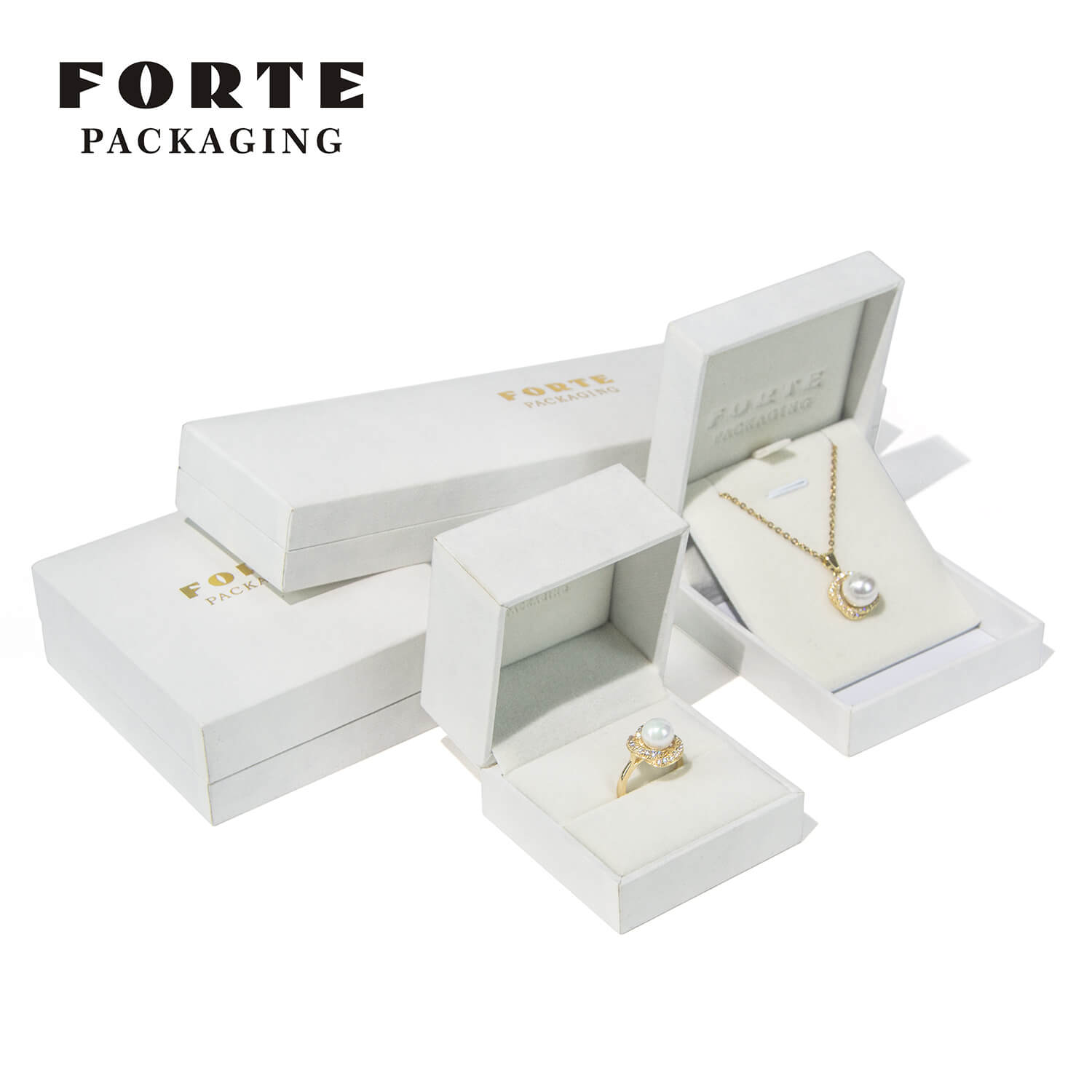 FORTE Latest Design modern white leatherette paper Custom Logo Bracelet Necklace Ring Bracelet Travel Jewelry Packaging Storage Box