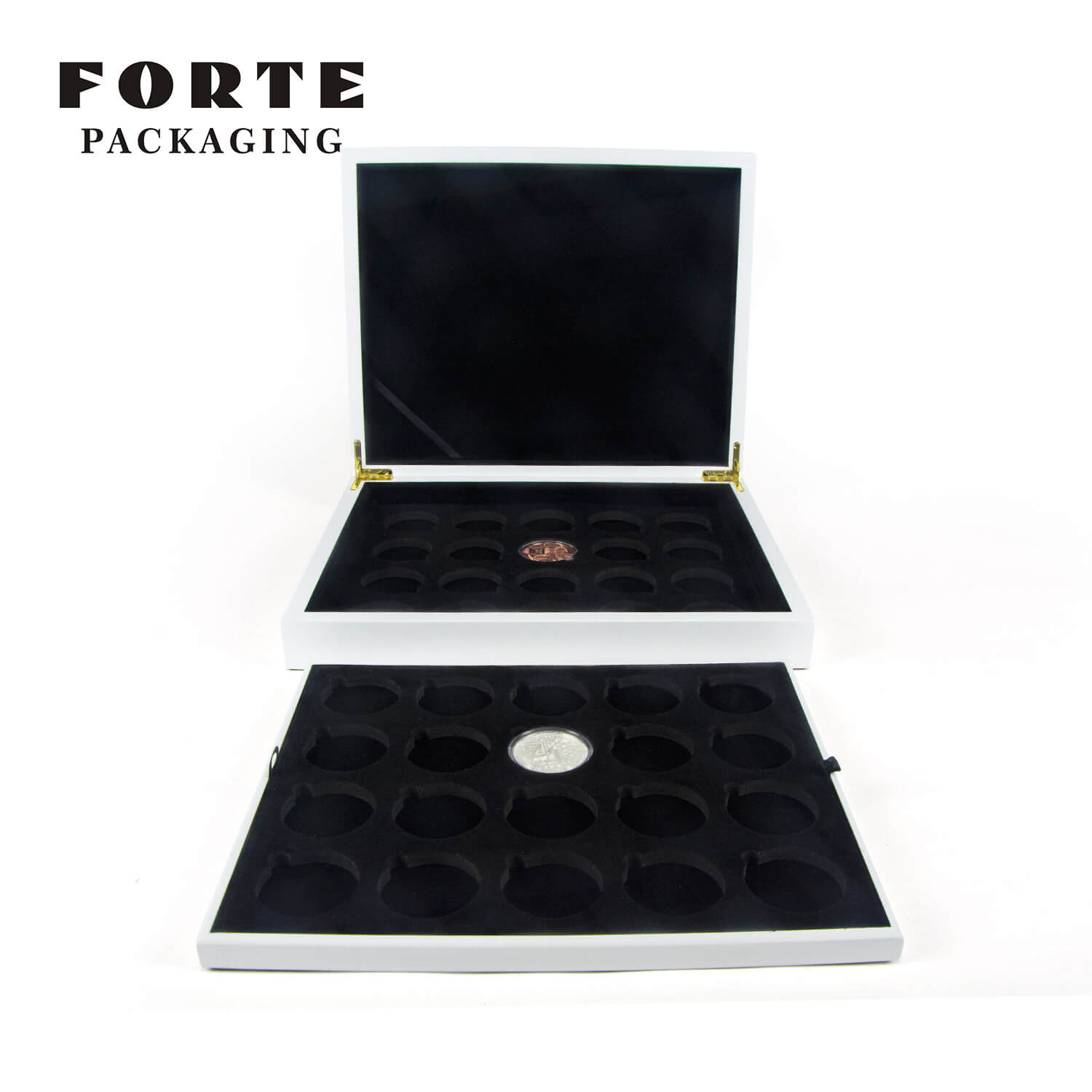 FORTE Commemorative Coin Collection Boxes Wood Double-deck Sliver Coin Box Potable Travel Coin Packaging Boxes
